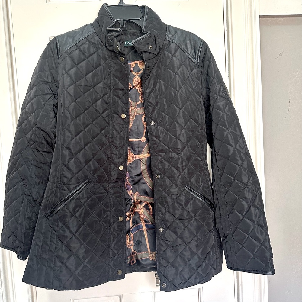 Lauren Ralph Lauren Black Quilted Jacket with Leather Trim